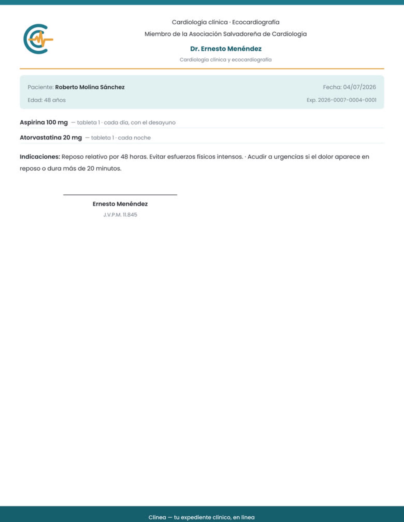 Receta médica en PDF con el membrete de la clínica