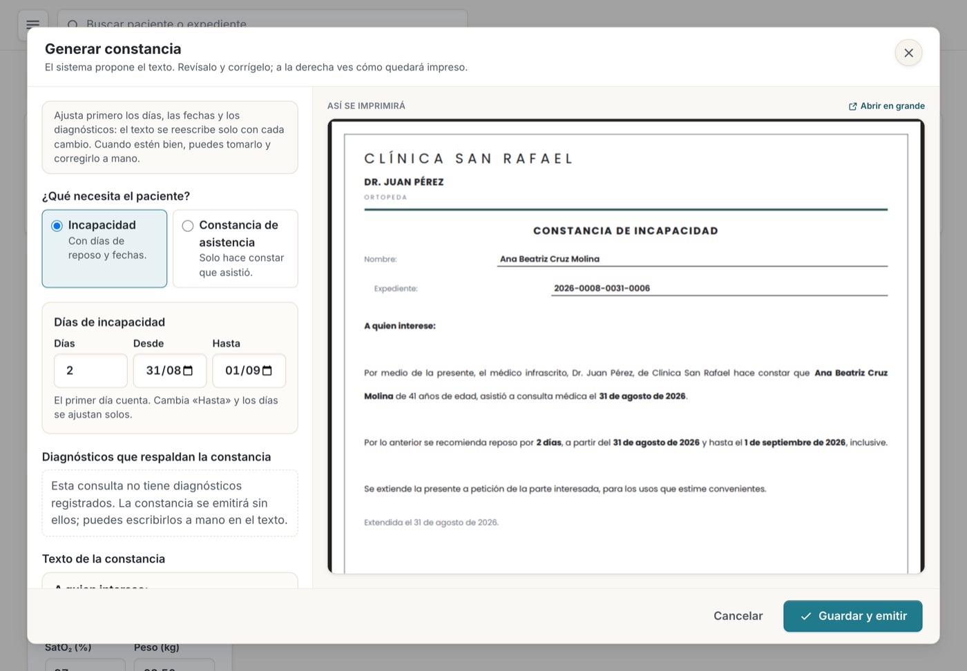 Ventana para generar una constancia de incapacidad, con la vista previa del documento impreso